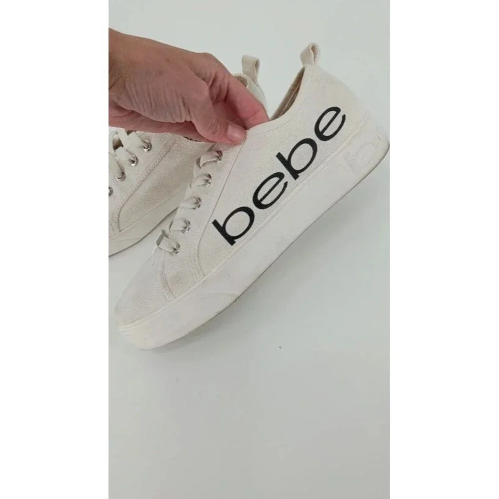 Y2K White Canvas Platform Sneakers Black Logo Bebe Sport Size 10
